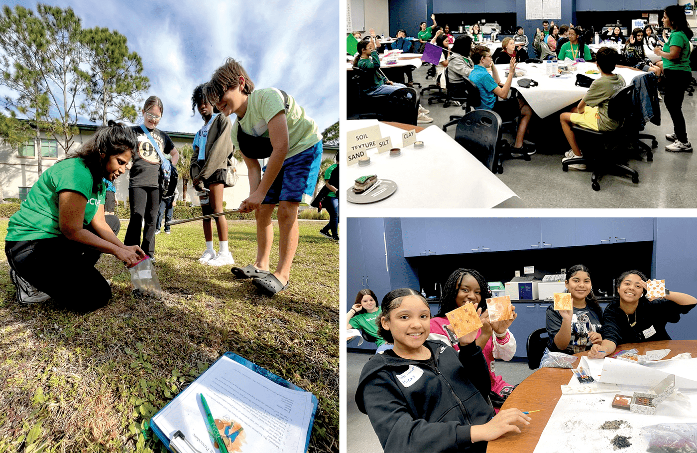 Scenes from February 2024 GEMS event at the Whitaker Center in Fort Meyers, FL where students learned about soils through various activities.