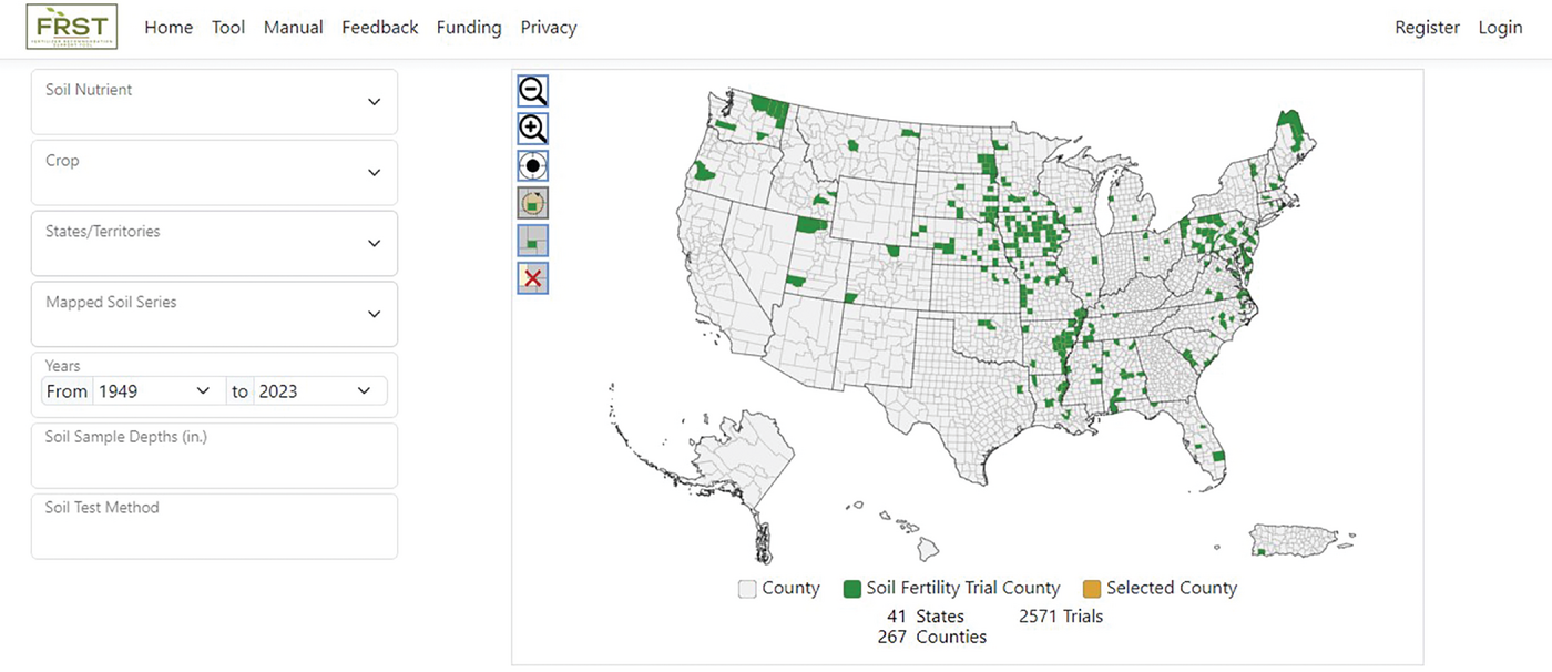The Fertilizer Recommendation Support Tool (FRST) decision aid (https://frst.scinet.usda.gov/Tool) consists of an interactive map and soil