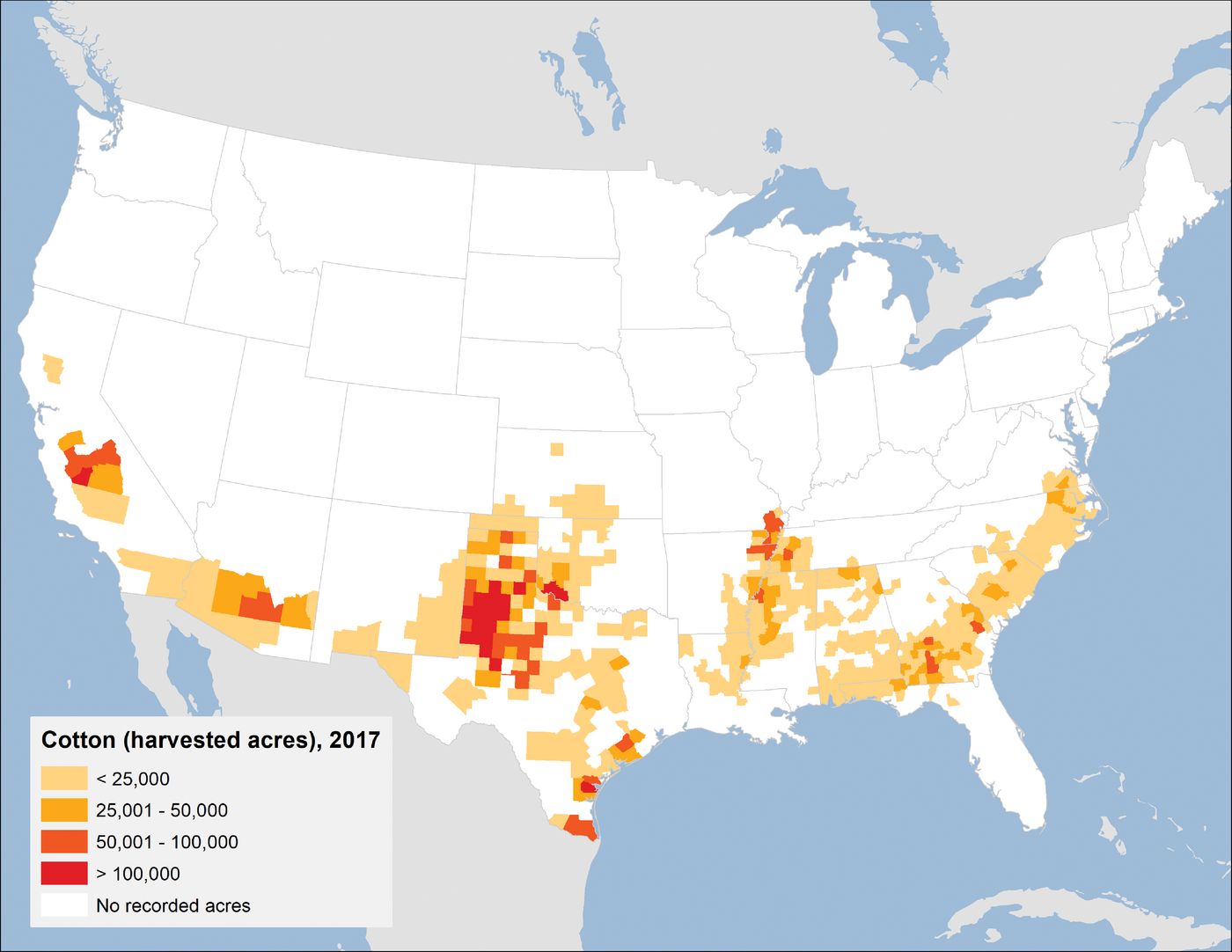 Harvested acres of cotton in the U.S. in 2017. Image by the USDA Economic Research Service.