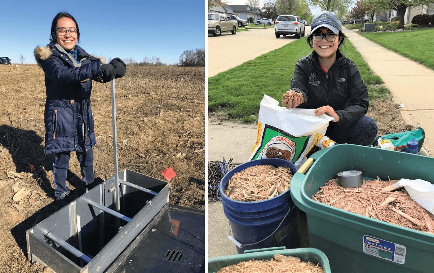 Ana Paula Sanchez Bustamente Bailon, the first author of this study, (left) adjusts a control structure to make sure water is routed cor- rectly into a bioreactor and (right) assesses different kinds of wood- chips for use in a bioreactor. Photos by Laura Christianson/UIUC.