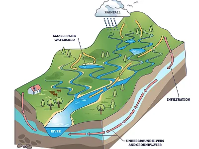 Legacy phosphorus can slowly leach off the land, offering a persistent, diffuse supply of phosphorus to nearby waterways. Illustration courtesy of Adobe Stock/VectorMine.