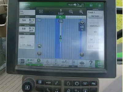 The tractor-guidance screen as seen during a fertilizer application; the blue lines are the areas covered by the tractor. Photo by Mike Popp/University of Arkansas.