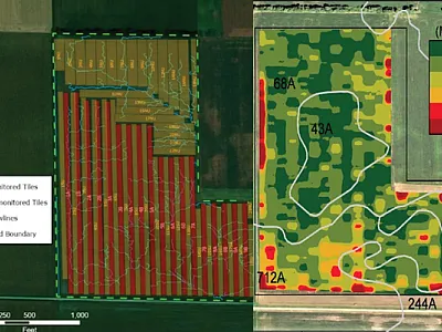 Tile system (left) and maize yield (right) of the researchers’ Illinois study field. Image courtesy of Andrew Margenot.