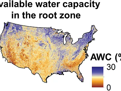 Soil available water capacity (%) in the root zone varies drastically across the conterminous United States. Image by Meetpal S. Kukal.