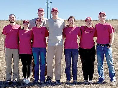At the 2023 Region IV Soil‐Judging Contest on October 19th in Lamb County, TX, the University of Arkansas took first place overall. Pictured (from l to r) from the team is Noah Solomon, Keara Taul, Kris Brye, Katie Jansson, Jonathan Brye, Claire Meara, Sophie Sward, and Colten Nichols.