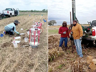 Left: Lead author Perejitei Bekewe at a sprinkle infiltrometer. The team took measurements in the spring following wheat harvest and before summer double crop planting. Photo by Jamie Foster. Right: Bekewe (left) and Carlos Serna of Texas A&M's AgriLife Research while soil sampling between summer crop harvest and wheat planting in Beeville, TX. Photos courtesy of Perejitei Bekewe.