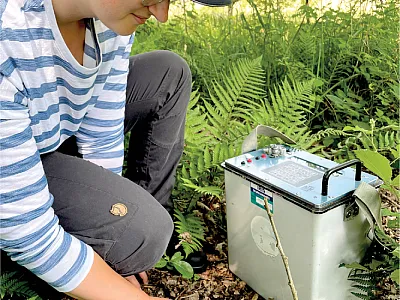 First author Julia Rieder prepares an electrical resistivity tomography (ERT) measurement in a forest in Bavaria, Germany.