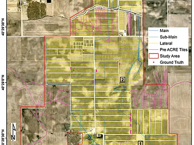 Tile line map for Purdue University’s Agronomy Center for Research and Education (ACRE). Image by Shams R. Rahmani.