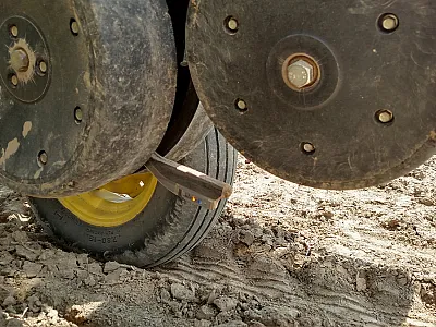 Sensor that allows for real-time measurement of soil temperature and organic matter within the planting furrow. Photo by Alexander Lindsey.