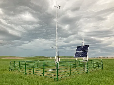 The South Dakota Mesonet Winner 9ESE monitoring station records soil moisture and snowpack data as part of the Upper Missouri River Basin monitoring network. Photo courtesy of Nathan Edwards, South Dakota Mesonet.