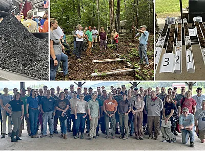 Scenes from 2025 Pennsylvania Soils Conference in June 2025—top left: Biochar production at Metzler's Forest Products in Mifflin County, PA. Top center: Dr. Patrick Drohan, Penn State University, explaining the effect on soils of Pennsylvania’s history of charcoal hearths for iron ore production. Top right: Soil monoliths from Greenwood Furnace State Park charcoal hearths, Huntingdon County, PA. Bottom: Group picture of attendees.
