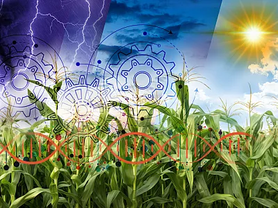 The environment has just as much impact on a crop’s traits as its DNA. Ongoing research on how to incorporate this data to effectively select for the healthiest, hardiest, and highest-yielding crops was recently reviewed in The Plant Genome journal. Illustration by Deb Berger, Iowa State University.