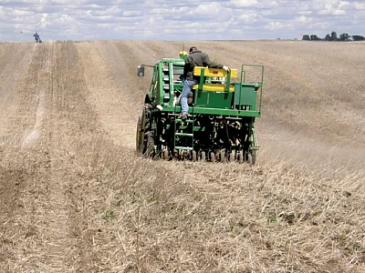 Figure 1. Small-plot seeder establishing strips 7.5 ft in width down the length of the field.