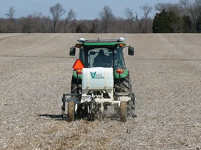 A tractor pulling a sensor that measures apparent electrical conductivity (ECa). Photo courtesy of Rintaro Kinoshita and originally published here: https://bit.ly/3BwSIPO