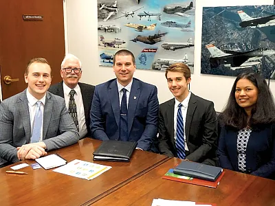 Team North Dakota–South Dakota meeting with congressional staff during Congressional Visits Day on Feb. 28, 2023. Pictured from l to r: congressional staffer, David Clay (American Society of Agronomy Past President), John Christianson (North Dakota CCA President), Eli Halverson (South Dakota State University graduate student), and Mala Ganiger (North Dakota State University graduate student).