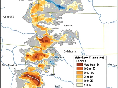 Changes totheOgallalaAquifer since 2015,mappedby color.Declining levels appear in red and orange, and rising water levels appear in blue. Gray areas showed no significant change. The market value of agricultural products produced in the Ogallala region total $35 billion in 2007, and climate change and water overuse threaten the viability ofthose systems. Image courtesy of Climate.gov.