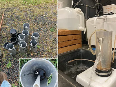 Left: Runoff quantification devices known as UBeTubes are ready to deploy. Inset shows a top-down view. Right: Lab test of the water collected by sampler. Photos by Jacob Maris.