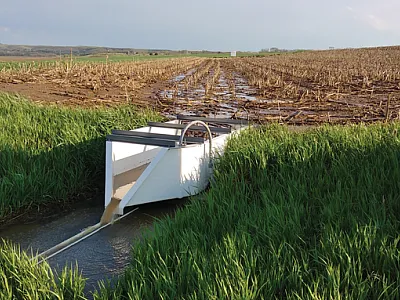 Runoff leaves a no-cover-crop treatment at the Kansas Agricultural Watershed Field Laboratory in May 2018 prior to soybean planting. Photo by Nathan Nelson.
