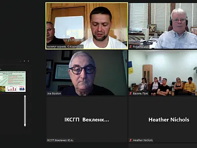 Dr. Joe Bouton (leftmost in the middle row) lectures about novel endophytes to three universities in Ukraine. The lecture is translated live by Dr. Oleksiy Kornijchuk (top left) to 52 students at Podillia State University, Podillia Institute of Fodder and Agriculture, and Uman National University of Horticulture.