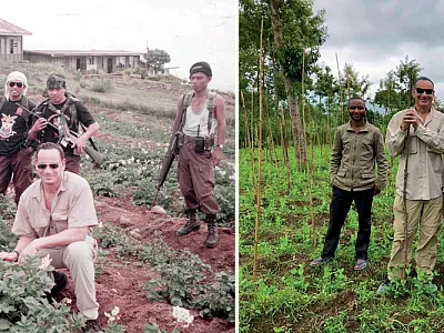 Left: Dr. John Bowman, with bodyguards, evaluating potato trials in Mindanao, Philippines. Right: Bowman discussing disease control with USAID-supported vegetable farmers in Arusha, Tanzania.