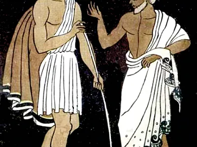 Illustration by Pablo E. Fabisch for Les Adventures de Telemaque, depicting Telemachus and Mentor. Public domain image courtesy of Wikimedia Commons.