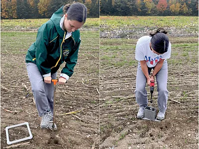 Skidmore College student Claire Wolgast collects soil samples with a traditional 1-inch push probe (left) and a novel drill-mounted auger system (right) to be analyzed for soil carbon concentration. Photos by Kelsey Jensen.