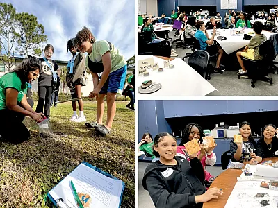 Scenes from February 2024 GEMS event at the Whitaker Center in Fort Meyers, FL where students learned about soils through various activities.