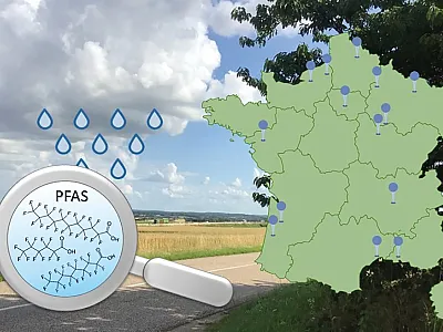 Schematic representation of this study investigating PFAS in collected autumnal rainwaters in France. Image courtesy of Violaine Gérard.