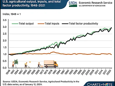 Figure 1. U.S. agricultural output, inputs, and total factor productivity, 1948–2041. Source: USDA-ERS Charts of Note.