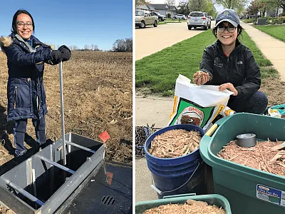 Ana Paula Sanchez Bustamente Bailon, the first author of this study,  (left) adjusts a control structure to make sure water is routed cor- rectly into a bioreactor and (right) assesses different kinds of wood- chips for use in a bioreactor. Photos by Laura Christianson/UIUC.