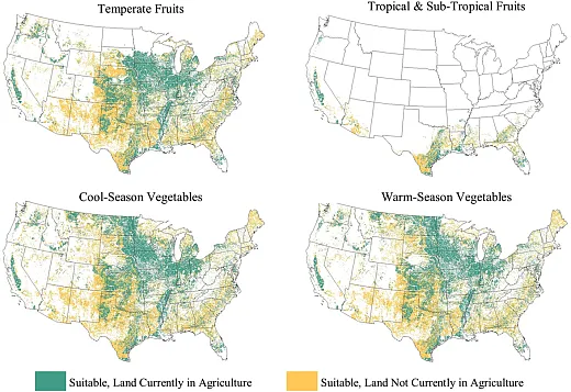 According to work recently published in Agronomy Journal, there is enough land in the U.S. to grow all the fruits and vegetables needed if Americans followed the governmentâs dietary guidelines. These suitability maps indicate that biophysical factors do not greatly restrict suitability for most crops and that many areas are suitable for multiple crop groups. Image courtesy of Ashley McCarthy.