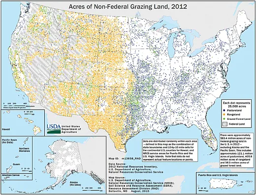 Extensive nonâfederal grazing lands (including pasturelandâblue dots, rangelandâorange dots, and grazed forest landâgreen dots) in the United States totaling 236.3 million hectares (584 million acres in 2012). Source: âPractical Considerations for Adaptive Strategies by U.S. Grazing Land Managers with a Changing Climate,â by Justin D. Derner et al. (https://doi.org/10.1002/agg2.20356).