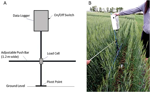 Figure 1. An illustration of the Stalker pushâforce meter (A) with labeled data logger, load cell, adjustable push bar and pivot point and (B) the Stalker being used to capture resisting force measurements from 4 ft of row length in a wheat plot while the adjacent row is held out of the way to avoid interference.