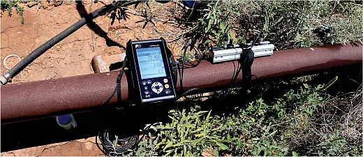 This ultrasonic flow meter measures the flow of water through an irrigation pipe. The High Plains Underground Water Conservation District (HPWD) in Texas uses these and other instruments as part of its irrigation assessment program that gives growers specific data on the performance of their irrigation systems. Photo courtesy of HPWD.Â