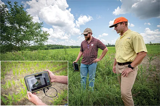 Ryan Mann, Research Associate in the Department of Wildlife, Fisheries and Aquaculture at Mississippi State University (MSU), demonstrates the MSU Precision Conservation Tool to John Mark Curtis, Quail Forever Farm Bill Biologist, on a Mississippi farm. The tool identifies precise locations where conservation practices are most economically beneficial to farm- ers on specific tracts of land. Photos by David Ammon.
