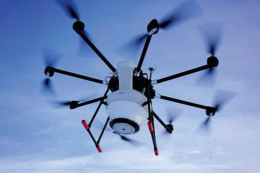 A TTA M8A Pro drone spreads a fall rye cover crop. Photo courtesy of Cory Southam, Strongfield Environmental Solutions. 