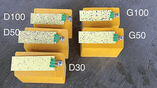 Test of groundâ versus droneâsprayed colored water on waterâsensitive paper. Application rates of 30, 50, and 100 L/ha. D = droneâapplied (Agras T20), G = groundâapplied. Spray coverage for D30 is approximately equal to G50, showing that you may be able to get by with less water for drone application. Photo courtesy of Markus Weber, LandView Drones. 