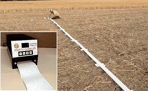 Setting up the equipment for Mark Ledebuhrâs fast and inexpensive swath uniformity and coverage evaluation method. Inset: The Swath Gobbler analyzes continuous rolls of paper from the swath evaluation method and calculates percent coverage and hits per area. The blue dots on the paper show a typical drone spray pattern. Photos courtesy of Mark Ledebuhr, Application Insight, LLC. 