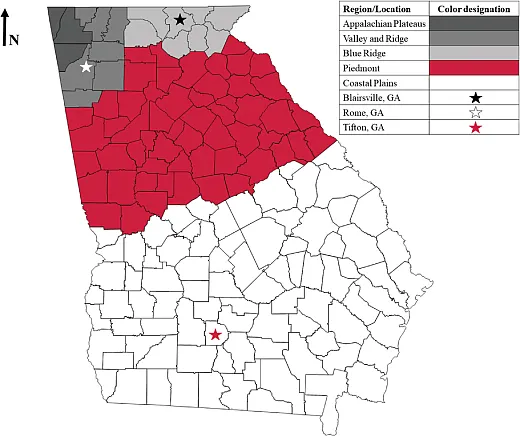 Figure 1. Georgia has five physiographic regions: Appalachian Plateaus, Valley and Ridge, Blue Ridge, Piedmont, and Coastal Plains.