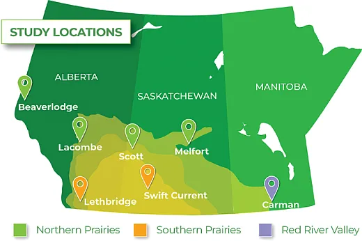 Figure 1. Map of the seven study sites described in this article. Courtesy of the Western Grains Research Foundation.