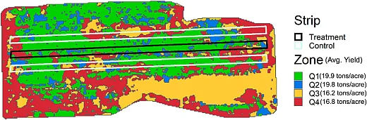 Figure 3. The singleâstrip (treatment) and the surrounding control strips in a field covering a specific set of zone(s), mostly Q1 (green) in this example.