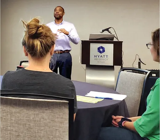 Christopher âCJâ Gross from Ascension Worldwide presenting on âUnderstanding and Man- aging Differencesâ to the Graduate Student Leadership Conference cohort.