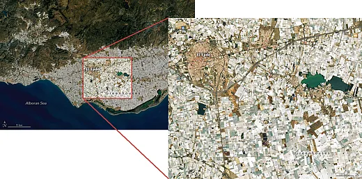 In May 2022, a satellite captured this image of a sea of plastic greenhouses around the Spanish town of El Ejido. The town sits in Campo de DalÃ­as, a small coastal plain with one of the highest concentrations of greenhouses in the world. Image courtesy of NASA.