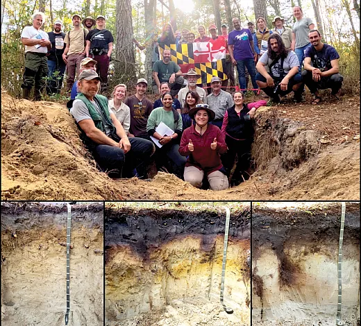 Figure 5. The group gathered comfortably in a Quartzipsamment exposure along an Aquod topohydro-sequence formed in a late-Pleistocene dunal landscape in Pocomoke State Forest. Insets: left, Evesboro; center, Klej; and right, Berryland. Photos by Colby Moorberg and Martin Rabenhorst.