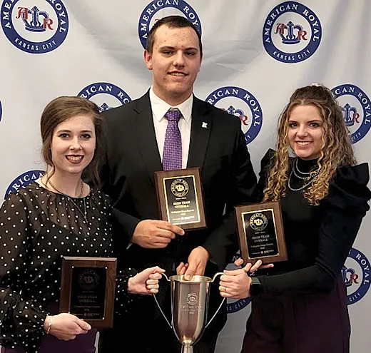 Kansas State University took first place in the 2022 American Royal Kansas City Collegiate Crops Contest. From l to r: Ashley Chandler, Jarek Meyer, and Ellie Braun.