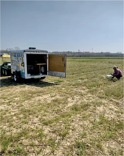 Researchers measuring in-situ soil greenhouse gas fluxes from cover crops using a semi-autonomous closed loop measurement system at the University of Tennessee, Knoxville. Photo courtesy of the University of Tennessee Institute of Agriculture (UTIA).