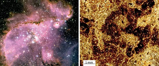 Figure 1. Left: This visible-light, Hubble Space Telescope view shows one of the most dynamic and intricately detailed star-forming regions in space, located 210,000 light-years away in the Small Magellanic Cloud (SMC), an irregular satellite galaxy of our Milky Way. At the center of the region is a brilliant star cluster called NGC 346. A dramatic structure of arched, ragged filaments with a distinct ridge surrounds the cluster. Image credit: NASA, ESA and A. Nota (ESA/STScI, STScI/AURA). Right: This image from the Btg horizon of a Typic Argialboll in Iowa was taken in circularly polarized light, so the small black regions indicate pores that are channels created by roots. Layer silicate clay, mostly smectite, appears as thin, dark orange coatings around and near the pores and also as elongated intercalations in the groundmass. The reddish-brown features across the image are accumulations of Fe oxides. The small white grains in this image are mostly fine grains of quartz. Image credit: M.L. Thompson, Iowa State University.