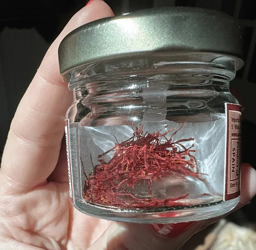 A 5 g jar of saffron, which can be found on Amazon for $28.99. Saffron is the most expensive spice in the world, and as such is vulnerable to adulteration. Photo by Tess Joosse.