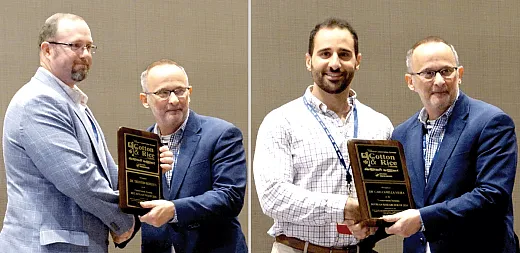 Trent Roberts (left) and Caio Vieira (right) were recognized for their conservation work in rice and soybeans at the National Conservation Systems Cotton & Rice Conference in January 2024 in Jonesboro, AR.