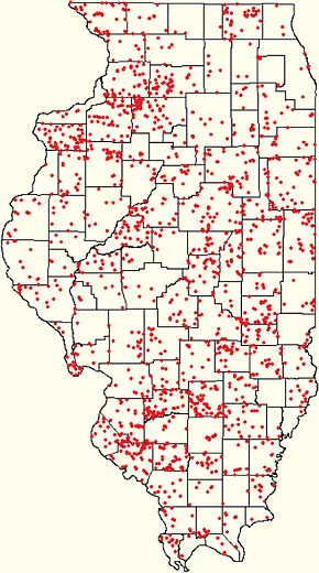 A map showing the origins across Illinois of pedons in the archive. Image courtesy of Andrew Margenot.